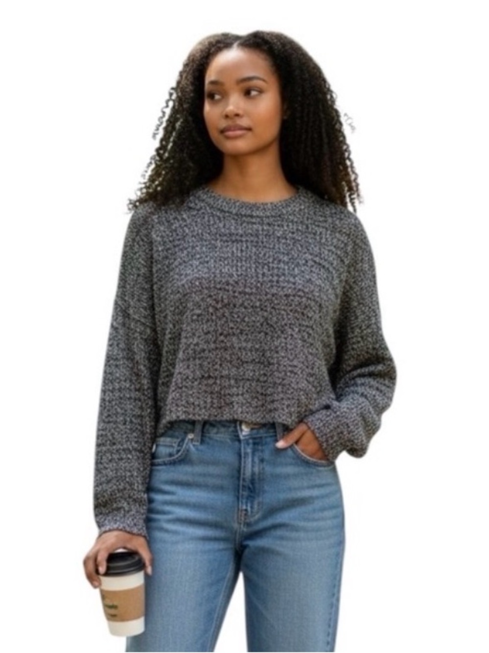 Staring at Stars Woman’s Black & White Nubby Knit Crop Long Sleeve Sweater M